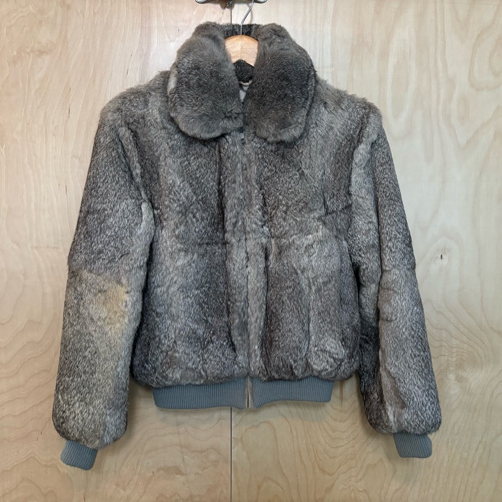 Grey Rabbit Fur Vintage Bomber Jacket made in Hong Kong WARM!